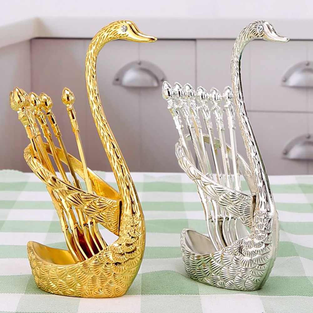 Pack of 6 Stainless Steel Spoon Set with Swan Holder